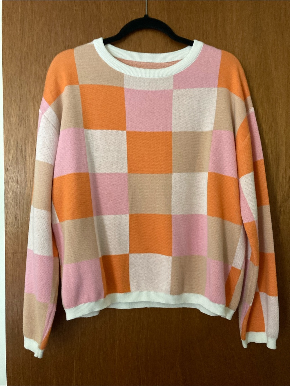 Amazon Essentials Colorblock Checkerboard Crewneck Sweater - Pink, Orange, Cream